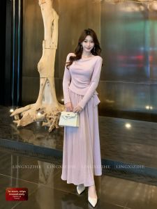LINGQIAN | French Flirty Neckline Irregular Fit High Waist A-Line Half Skirt Outfit Set