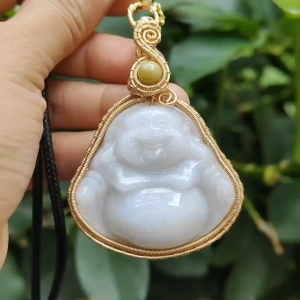 DIY GF14k Hand Wrapping on Natural Type A Jadeite Jade Laughing Milo Buddha Pendant certificate weighs 29.97 measurement 65.2 * 46.3 * 12.6 mm (pendant392)