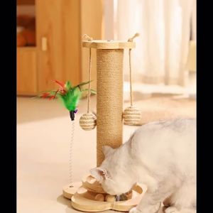 Cat scratching pillar Pet Solid Wood post Cat Climbing Frame Durable Sisal Scratching Board One-piece Cat Grab Column with Turntable Cat Toys