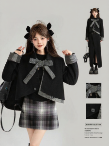 KEIKO | Bows Tie Short Tweed Coat Fall Two-piece Set