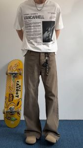 Cleanfit Retro Coffee Brown American High Street Slim Fit Mens Jeans Micro Flared Pants Straight Leg Casual Trendy Denim