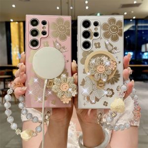 Case for Samsung Galaxy S25 Ultra S25 Plus S25Ultra Diamond-studded Smiley Face Flower Bracket Magnetic Back Cover with Boutique Bracelet Fine Hole Camera Protection Anti-drop Shockproof Protective Cover