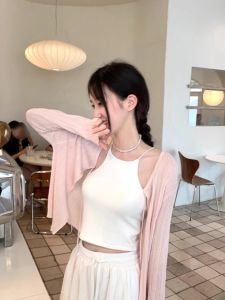 Pink Ice Silk Knitted Cardigan Womens Summer Thin Strap Outerwear Sun Protection Shirt Shawl Cover up Short Sleeve Long Sleeve
