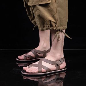 Banchugw 2025 Summer Men Leather Sandals Designer Slippers Non-slip Mule Luxury Roma Gladiator Sandals Men Shoes Man Casual Flip Flops