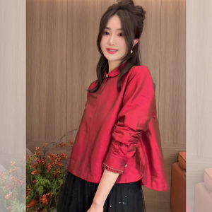 Red Long Sleeve Shirt Womens High-End Lightweight Anti-Aging Fashion New Chinese Style National Trend Top Spring 2025