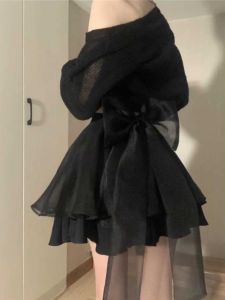 Summer Womens Loose Open Cardigan Strap Butterfly Knot Half Skirt Three-piece Set Korean Style Commute Lace High Waist Polyester