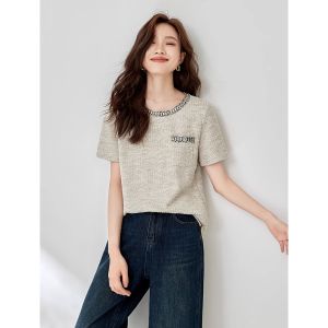 WANGGONGZHU | Princess Style Textured Short Sleeve T-Shirt Women Summer New Elegant Fashion Loose Weave Belt Korean Version Straight Cut