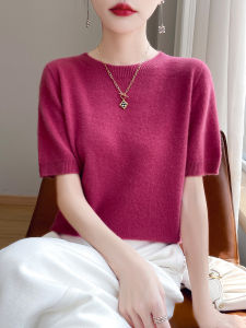ฤดูใบไม้ผลิ ฤดูใบไม้ร่วง แขนสั้นถักสีบริสุทธิ์ หลวม Fit ขนสัตว์ เสื้อสเวตเตอร์ คอกลม Precision Spun ครึ่งแขน เสื้อท่อนบน สําหรับผู้หญิง