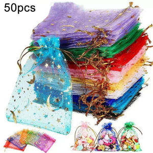 50PCS Moon Star Organza Gift Bags Multicolor Small Mesh Drawstring Gift Bags For Wedding Halloween Xmas Party Candy Bag Packing