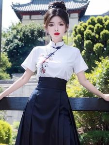 Retro Chinese National Style Embroidered Shirt And Skirt Set Short Sleeve Womens Fashion Summer New Arrival Two-Piece Suit