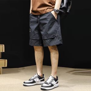 Summer New American Workwear Zipper Shorts Mens Fashion Casual Loose Large Size Ice Silk Pants Straight Leg Non-Stretch Polyester