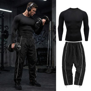 Mens Spring Fall Athletic 2 Piece Set Gym Workout Running Sportswear Long Sleeve Compression Shirt Pants Trousers Sweatpants