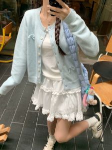 Baby Blue Butterfly Knot Knitted Sweater Coat Womens Early Spring Autumn Korean Style Top Long Sleeve Low round Neck Cardigan