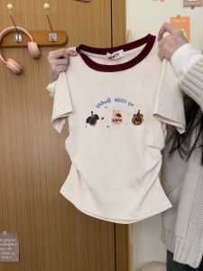 Embroidered Cartoon Short Sleeve T-Shirt Womens Slim Fit Waist Cinched Shoulder Length Summer New Style Korean Version Cotton Spandex