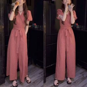 ชุดสองชิ้นลายสก็อตย้อนยุคสำหรับผู้หญิง แขนสั้น เอวสูง ทรงหลวม สวมใส่สบาย ชุดทำงานสไตล์เกาหลี ฤดูร้อน 2025