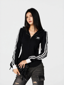 A chock | Slim Striped Hoodie Zipper Coat Women Autumn Spring Wear