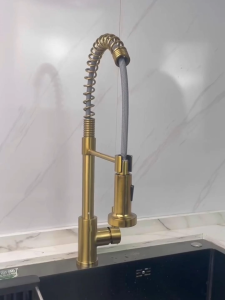 Baokemo Bright Gold Stainless Steel Spring Fixing Kitchen Sink Faucet 360 Degree Rotation 2 Model Pull Out Sprayer Nozzle Single Handle Hot Cold Mixer Faucet