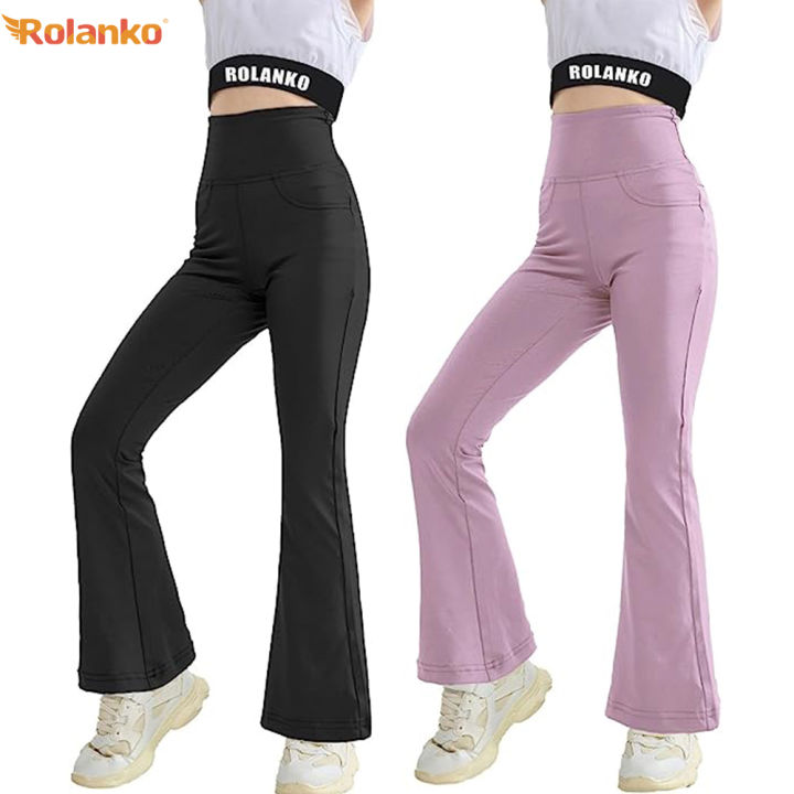 Rolanko Girls Flare Leggings Yoga Pants with Pockets Stretch Kids