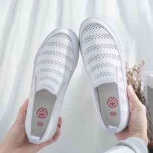Womens Slip-On Flat Shoes Casual Hollow out Soft Bottom Breathable Mesh Shoes Comfortable Rubber Sole round Toe Low Top