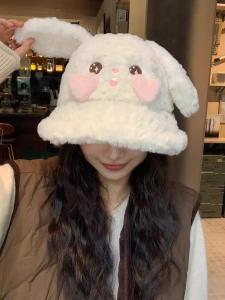 Cute Rabbit Ears Bucket Hat Womens Autumn and Winter Warm All-Matching Face-Looking Small Bucket Cap Cold Protection Earflaps Stuffed Hat Fashion