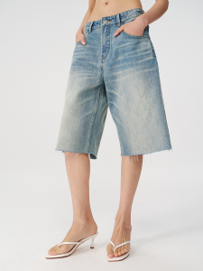 JCAESAR JHORTS Womens Distressed Denim Cutoffs Natural Fading Wash Low Waist Loose Fit Straight Leg Casual Pants