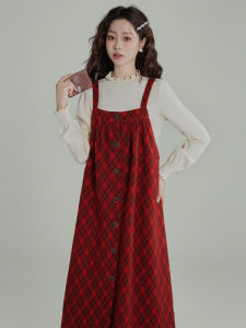 Red Christmas New Year Vintage Style Womens Dress with Shoulder Straps Autumn Winter Long Skirt Polyester Spandex Midi Dress