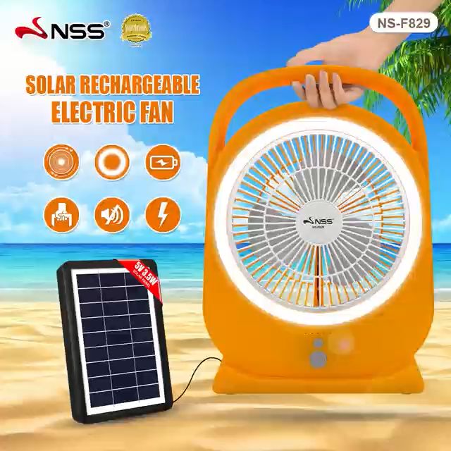 Nss original solar electric fan 8 inch portable rechargeable stand fan 3-speed wind speed vertical fan with solar panel and light mini desk fan