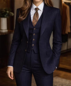 Navy Blue Pinstripe Suit Womens 3 Piece Suits for Office Chic Fashion Striped Suit (Jacket+Vest+Pant) Tailor Made