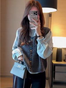 Soft Cozy Womens Spring Fashion Set with Bubble Sleeve Shirt And Knitted Vest Two Piece Suite Anti-Aging Trendy Look