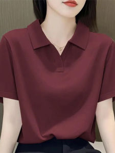Wine Red Retro Short Sleeve Polo Shirt for Women