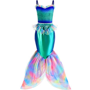 Bé Gái Xanh Dương Nàng Tiên Cá Hai Mảnh Bộ Đầm Công Chúa Trang Phục Hóa Trang Cho Tiệc Sinh Nhật Halloween Không Tay Giữa Bắp Chân Ren Cổ Tròn
