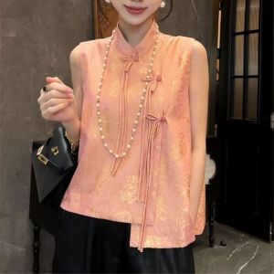Summer New Retro Chinese Style Design Womens Vest with Buttonless Sleeveless Stand Collar Asymmetrical Commute Polyester Fiber