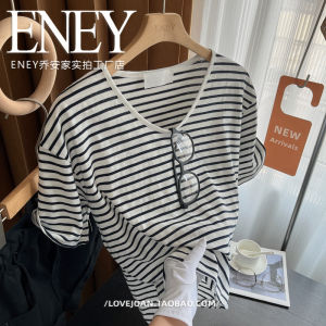  Breathable Loose Fit Bamboo Cotton V-Neck Striped T-Shirt Womens Casual round Neck Short Sleeve Summer Top