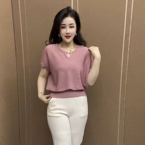 Fashionable Pure Color Short Sleeve Knitted Top Loose Mom Shirt Womens Summer New Style Casual round Neck Pullover Knitwear
