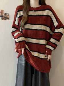 เสื้อสเวตเตอร์ถักลายทางสีแดง ทรงหลวม แขนยาว คอกลม ทรงหลวม แฟชั่นฤดูใบไม้ร่วง สำหรับผู้หญิงไซส์ใหญ่
