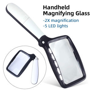 Handheld Square Folding Magnifier with 5 Led Lights Professional High-Definition Optical Magnifying Glass for Elderly Reading