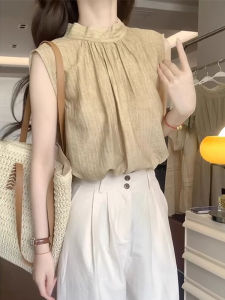 French Style Stand Collar Sleeveless Shirt Women Summer High End Commute Vest Top Butterfly Knot Small Shirt Loose Fit Korean Version