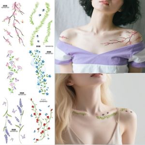 6 แผ่นดอกไม้ที่มีสีสันรอยสักชั่วคราว Clavicle หน้าอก Tattoo สติก