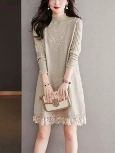 ชุดเดรสยาวปานกลางคอปกสูงสำหรับผู้หญิงไซส์ใหญ่ ชุดชั้นในลูกไม้ ชุดเดรสยาวปานกลางฤดูใบไม้ผลิและฤดูใบไม้ร่วง