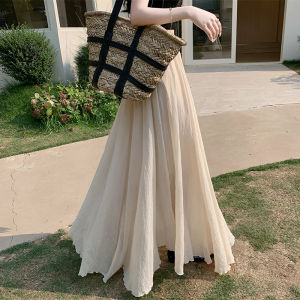 Extended Length Cotton Linen A-Line Midi Skirt Women Summer Draped Skirt Long to Ankle High Waist Gathers Resin Color Fastening