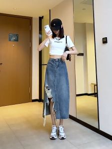 Chen Shop 💫 กระโปรงยีนส์ยาวเอวสูง แต่งรอยขาดผ่าข้าง สไตล์เกาหลีทรงสวยเข้ารูป วินเทจ