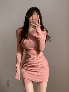 Váy đầm bất quy tắc gấp khúc mới mùa đông - Mùa xuân nữ áo tròn tay dài dáng nhọn gọn dài ngắn