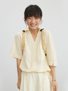 Still Walking V-Neck Striped Shirt Short Sleeve Womens Top Bubble Texture Japanese Style Store Anniversary Celebration