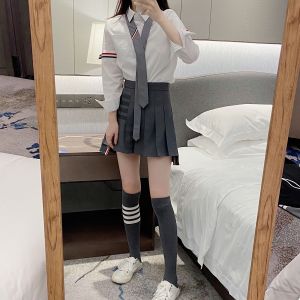 TB Cyndi Wang Set as in Same Style Womens Pure Cotton Long Sleeves White Shirt Pleated Skirt Tie Knee Length Socks JK Uniform Matching