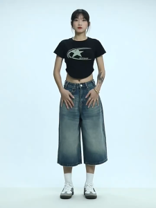 กางเกงยีนส์สั้นสีฟอกวินเทจ ยาว28นิ้ว กางเกง7ส่วน#V115