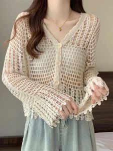Áo Len Dệt Kim Bohemian Hở Vai Cỡ Lớn Mùa Hè Mới Cho Nữ Áo Khoác Ngoài Áo Len Dệt Kim Cổ Chữ V Tay Dài Thường Ngày