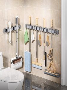 Bathroom Wall Mounted Mop And Broom Holder Fixed Rack No Drilling Needed Storage Organizer Simple Style Space Aluminum Material