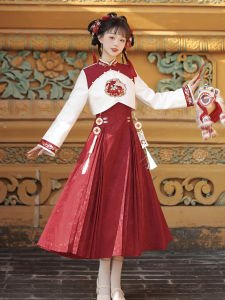 ชุดเดรสสีแดงสำหรับผู้หญิง ฤดูใบไม้ร่วง/ฤดูหนาว สไตล์จีนใหม่ เสื้อผ้าใส่ไปงานปีใหม่ กระโปรงทรงเอ แขนยาว กระโปรงยาวปานกลาง