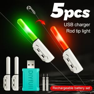 5pcs (2 Rod Tip Lights + 2 Rechargeable Batteries + 1 Charger) Night Fishing Rod Tip Lights Color-Changing When the Rod Bites.