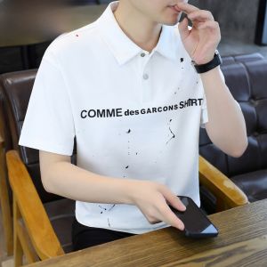 HENGYUANXIANG | Hengyuanxiang Mens Short Sleeve T-Shirt Summer New Style Turn-down Collar Splashed Ink Letter Print Half Sleeve Polo Shirt Fashion Urban Youth Daily Wear